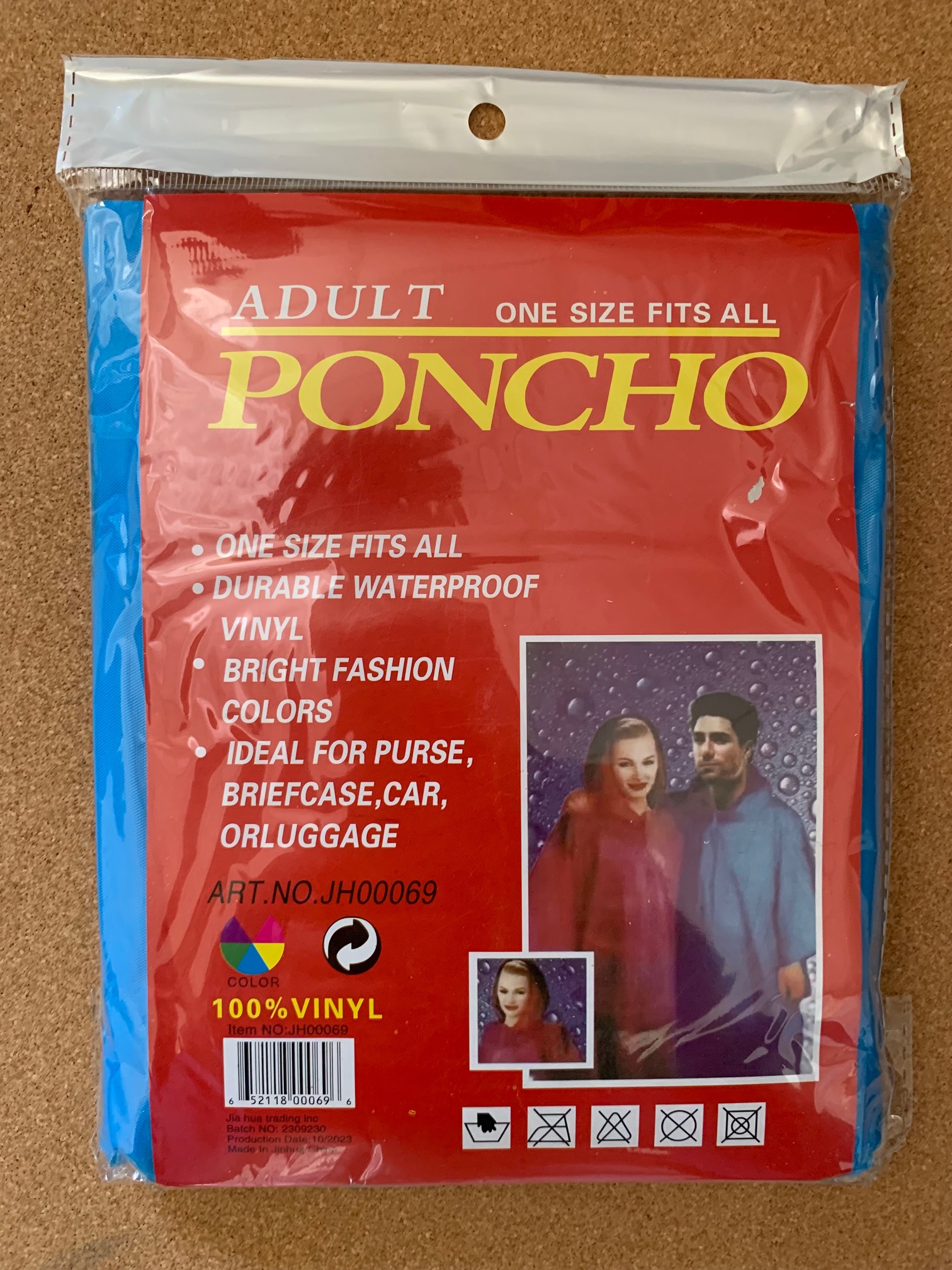 Adult Rain Poncho / 3 Assorted Colors / Green, Pink & Blue.