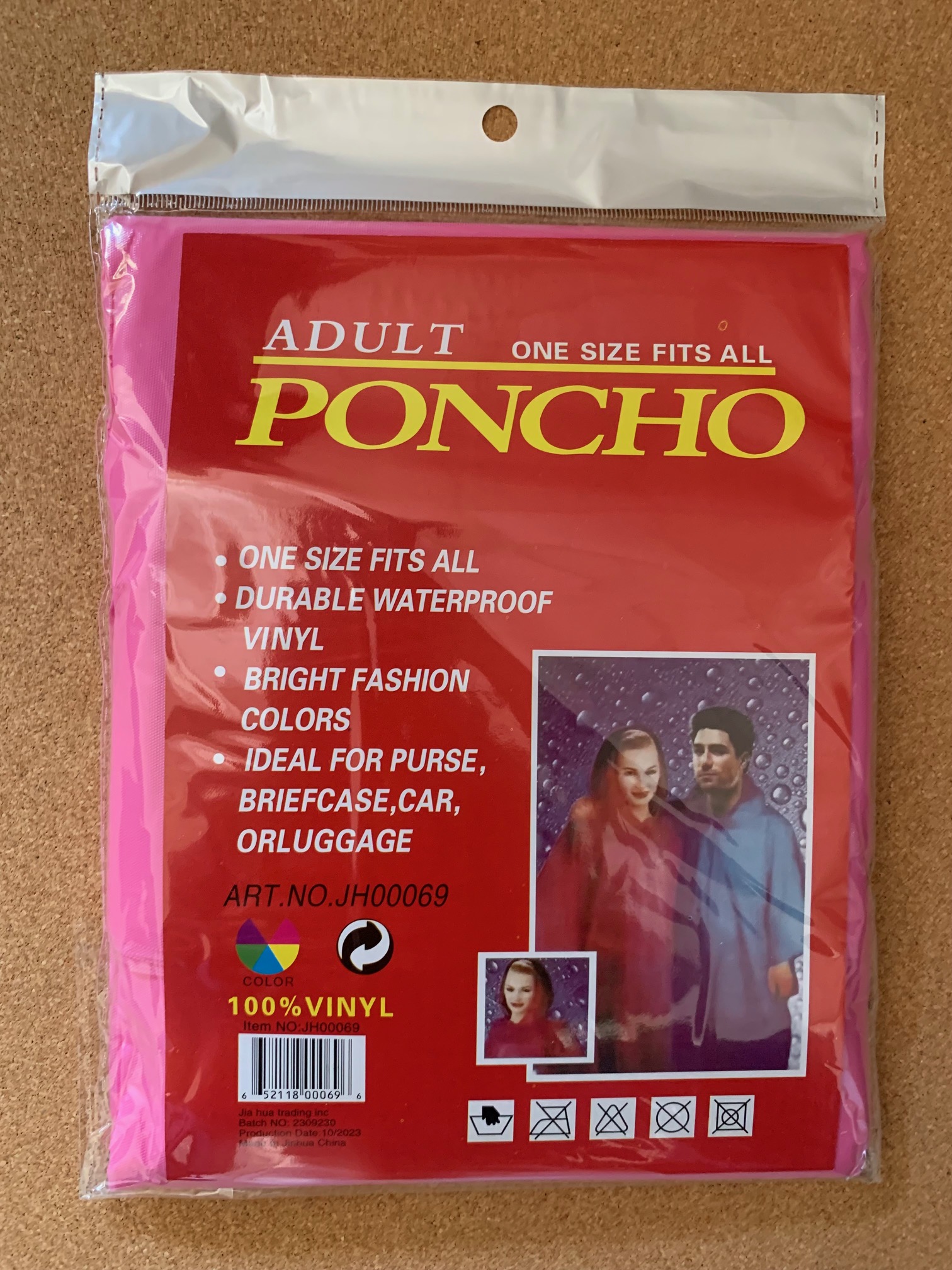 Adult Rain Poncho / 3 Assorted Colors / Green, Pink & Blue.