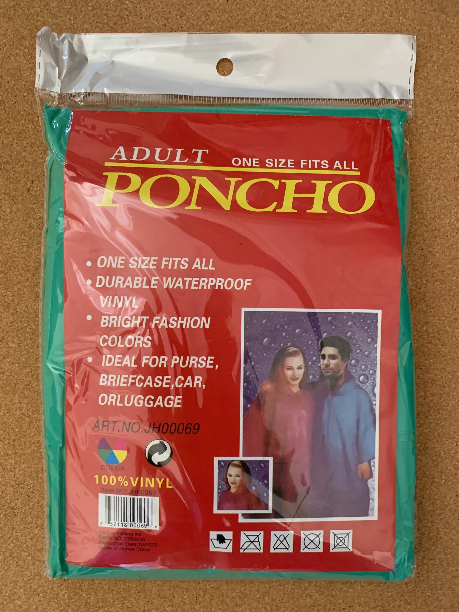 Adult Rain Poncho / 3 Assorted Colors / Green, Pink & Blue.