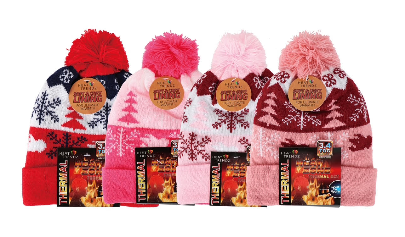Girls Printed Knit Winter Beanie Cap with Pom - 4 Assorted colors